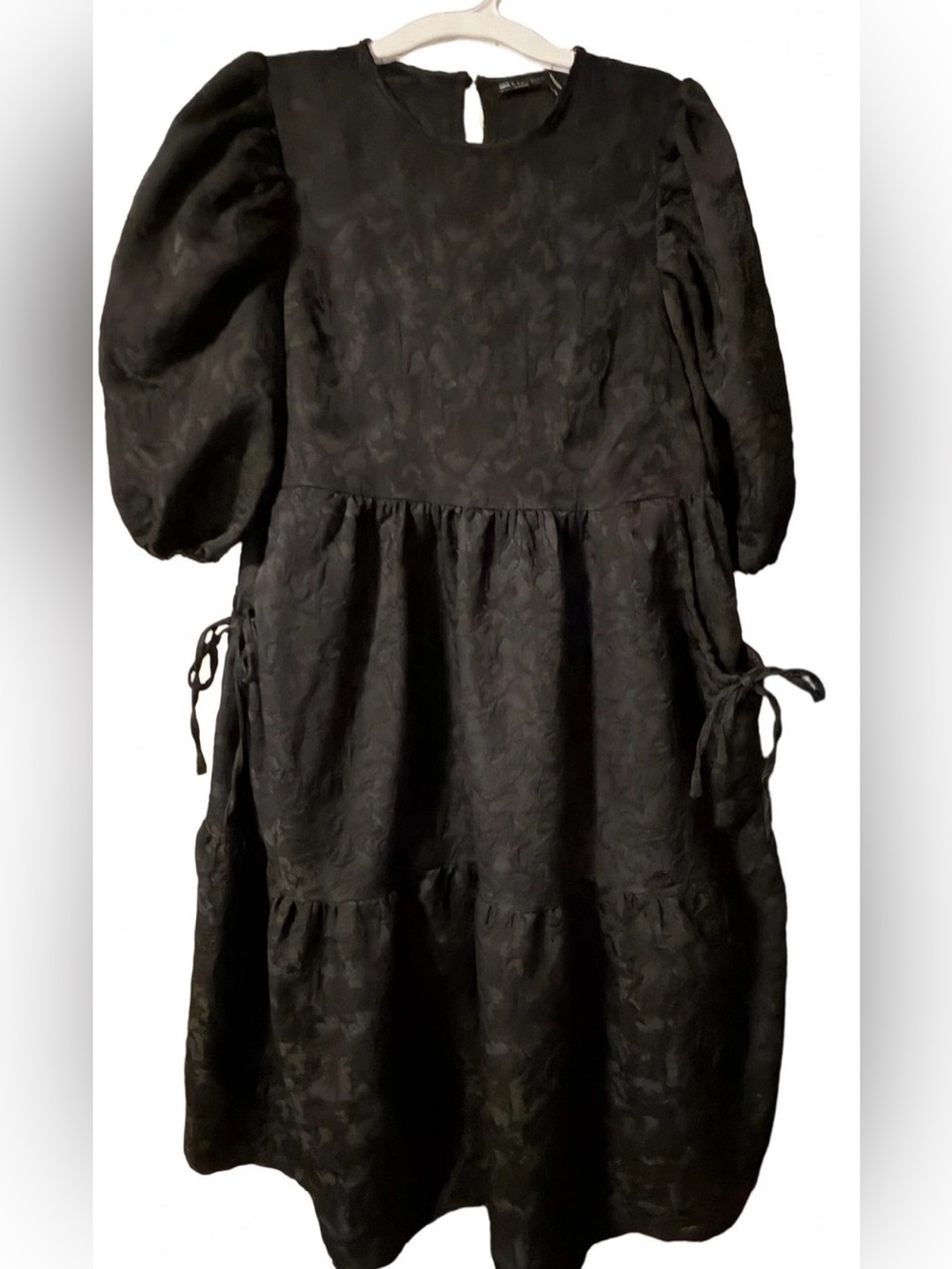 ASOS DESIGN Black Jacquard Tiered Midi Dress Puff Sleeve US 6 / UK 10